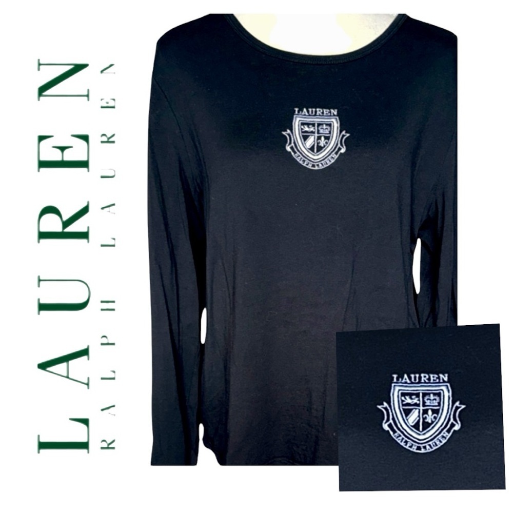Vintage Lauren Active Ralph Lauren Black Long Sleeve T-Shirt White Crest Preppy - Picture 9 of 9